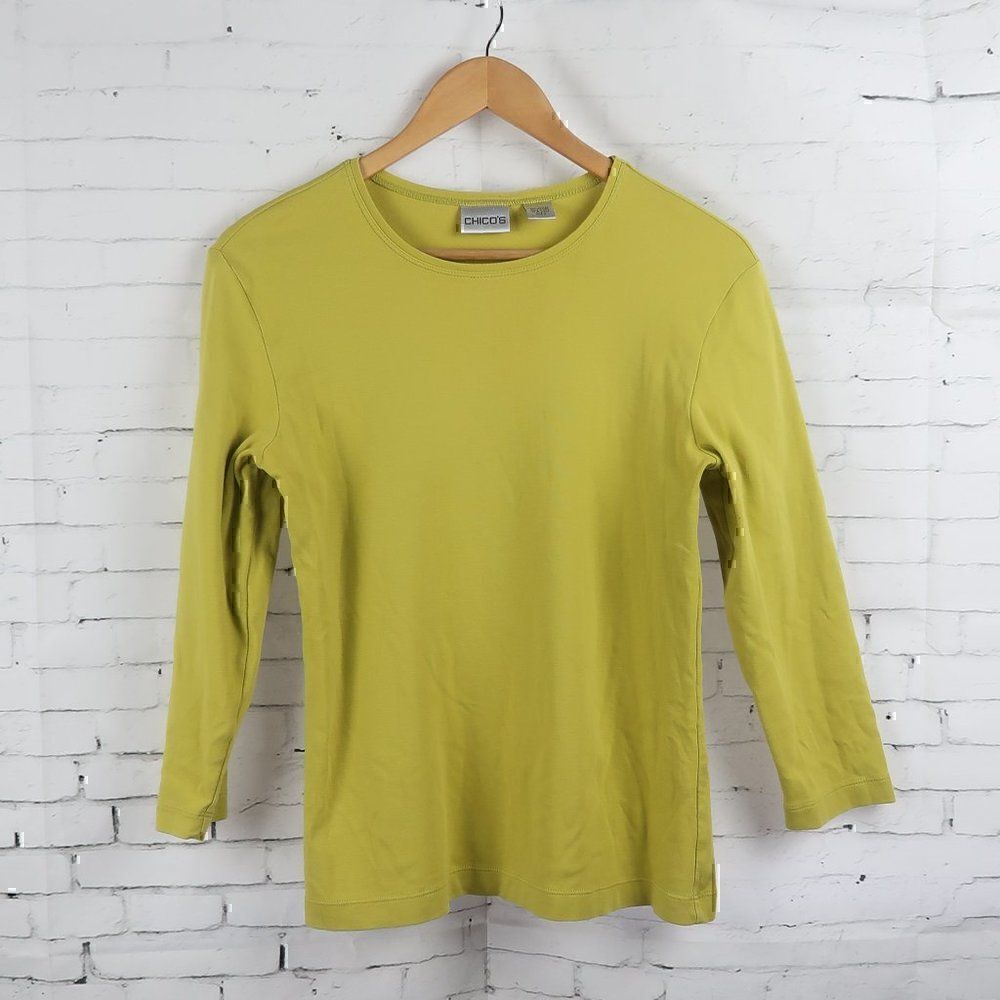 CHICO'S YELLOW GREEN LONG SLEEVE ROUND NECK TOP SIZE 0